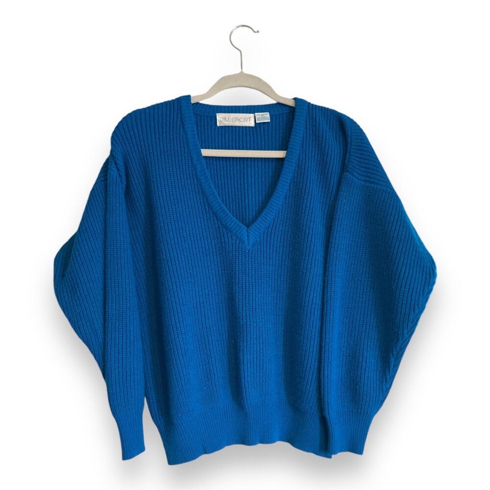 Womens Vintage 80s J&L Sports Cerulean Blue Low V Neck Cable Knit Sweater Size M